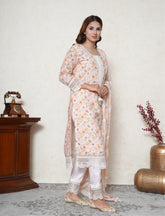 Champagne colour cotton floral print suit with mirror and lacework